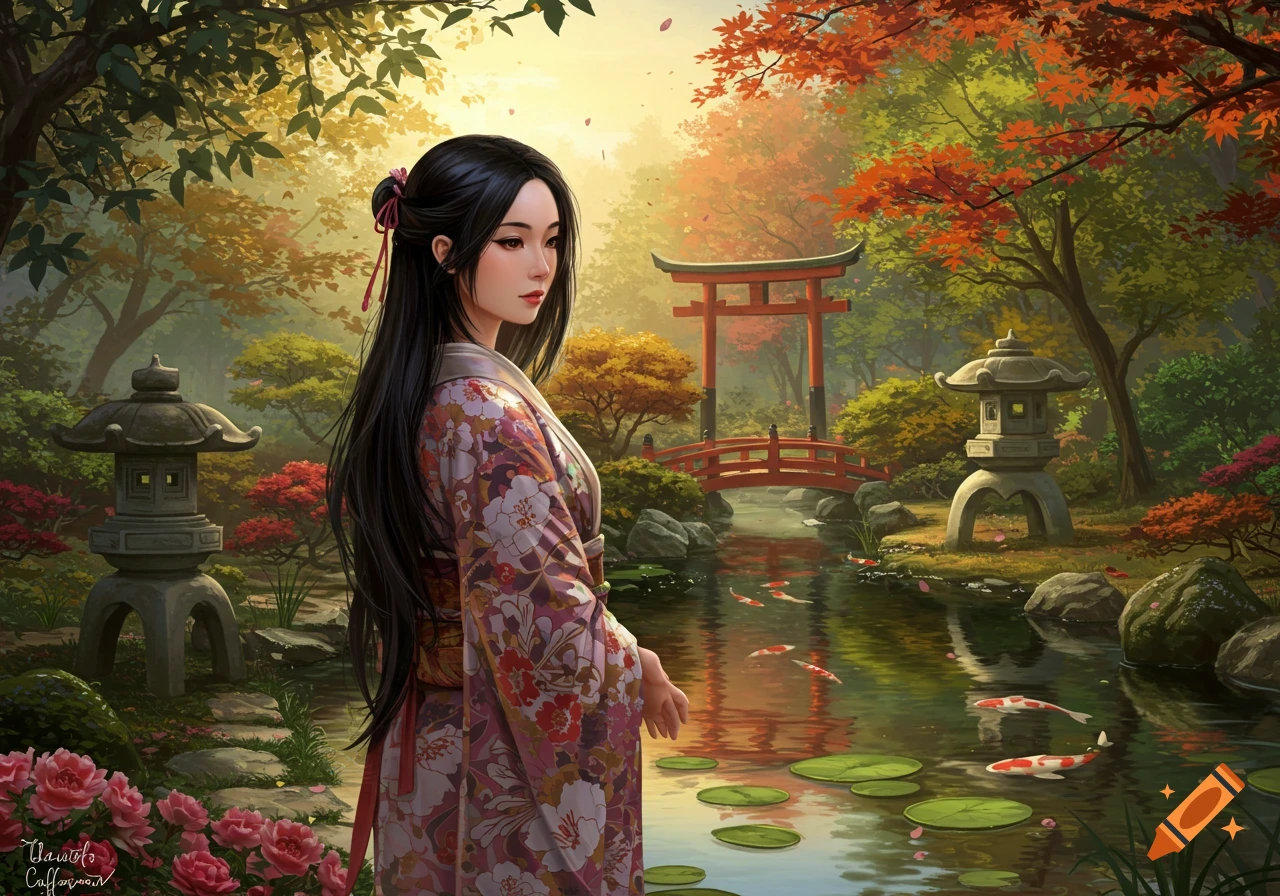 A digitally illustrated Asian woman in a floral kimono stands in a vibrant Japanese garden with a red torii gate, pond, and autumn trees.