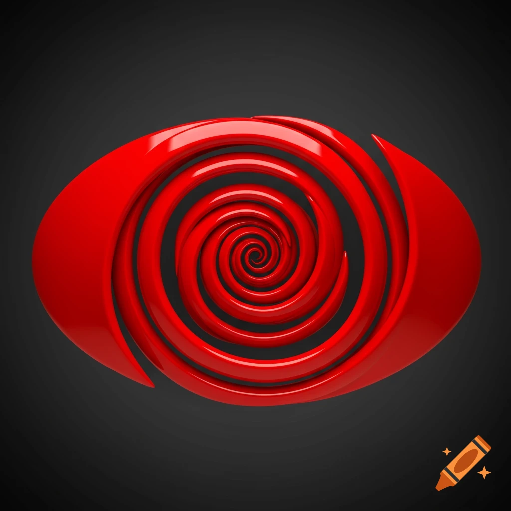 A glossy red spiral shape resembling an eye, centered on a dark grey background.