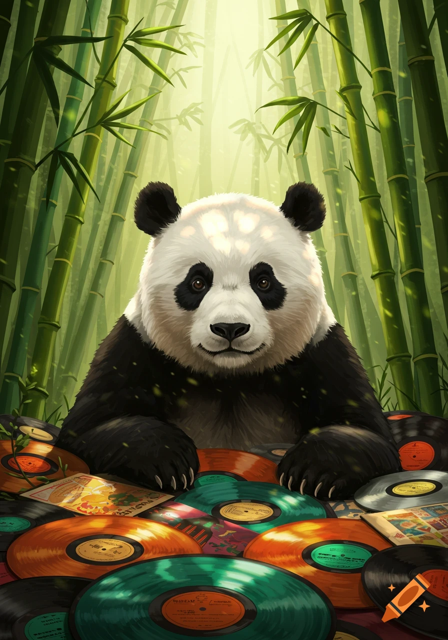 A friendly panda bear sits in a bamboo forest, surrounded by a pile of colorful vinyl records.