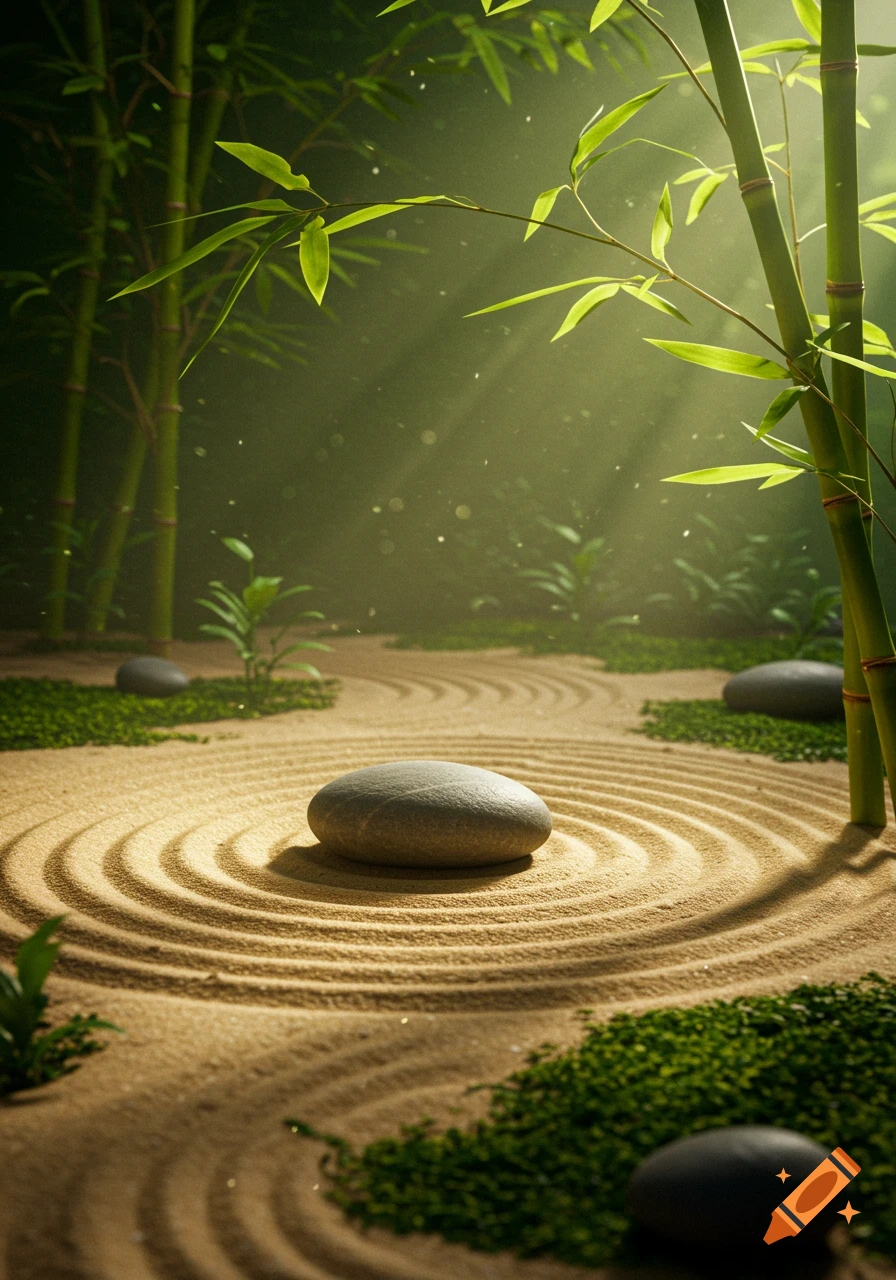 A serene zen garden with raked sand, a large smooth stone, and bamboo stalks bathed in sunlight.