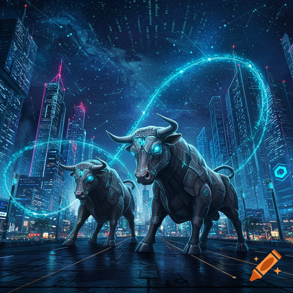 Two futuristic robot bulls with glowing eyes stand on a city street at night amidst neon lights and digital patterns in the sky.
