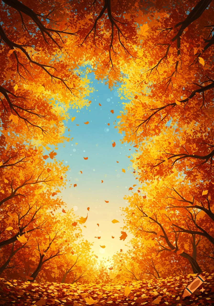 View looking up at vibrant orange and yellow autumn foliage with falling leaves against a bright blue sky.
