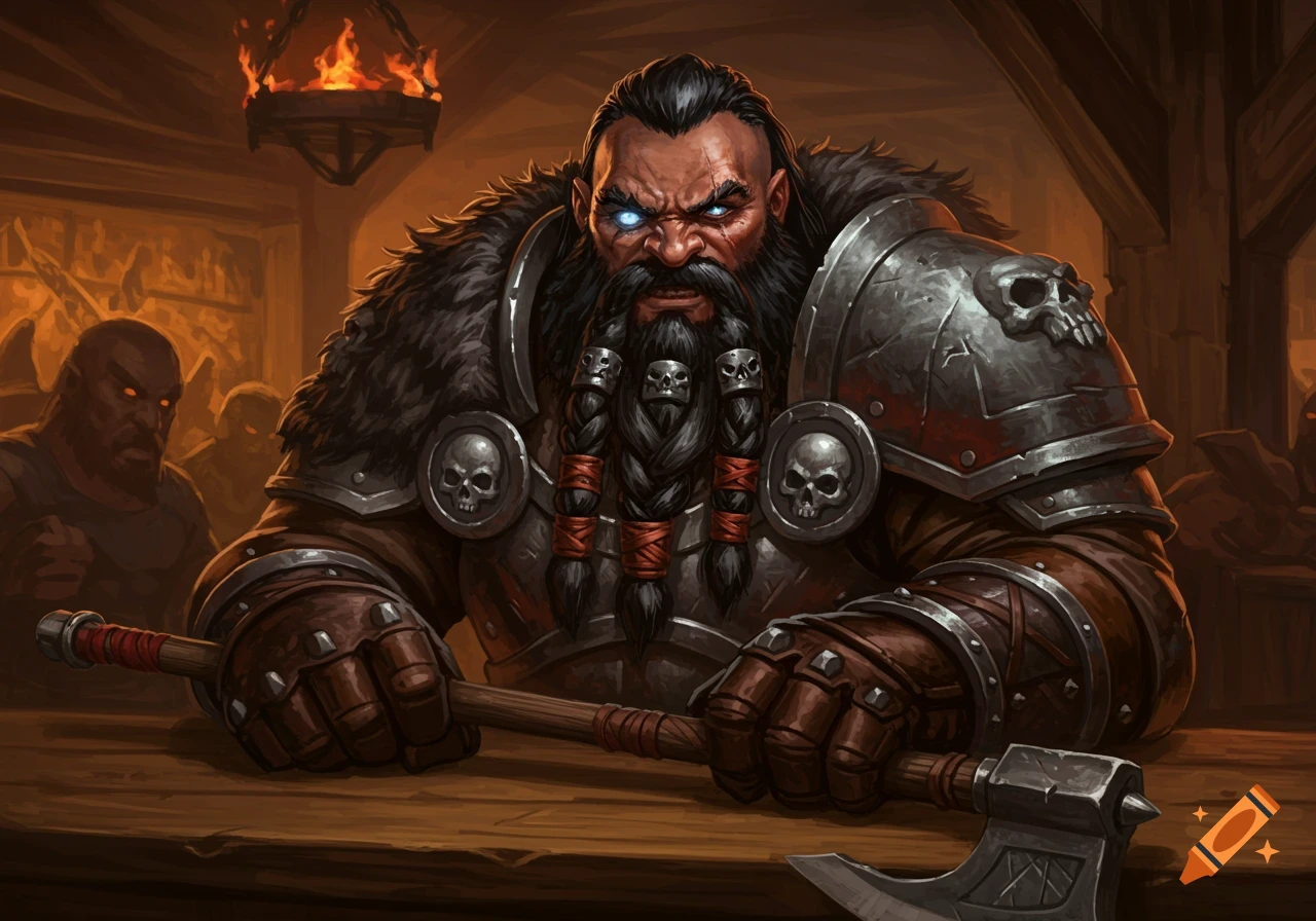 A fierce dwarven barbarian with black hair and a braided beard, wearing skull-adorned armor, stares intensely with glowing blue eyes, resting his hands on a greataxe at a bar.