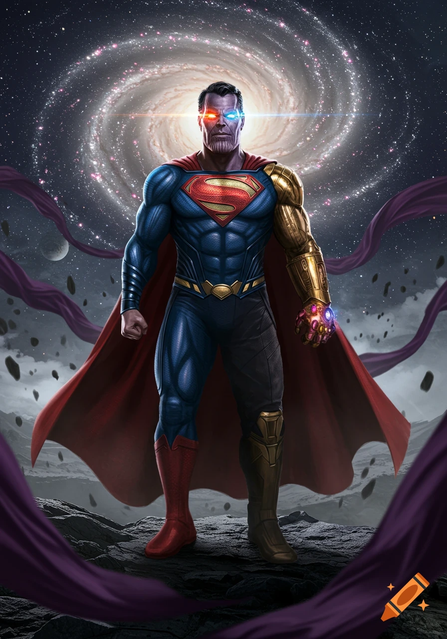 A merged Superman and Thanos character with blue suit, red cape, golden gauntlet, and purple skin stands before a swirling galaxy.