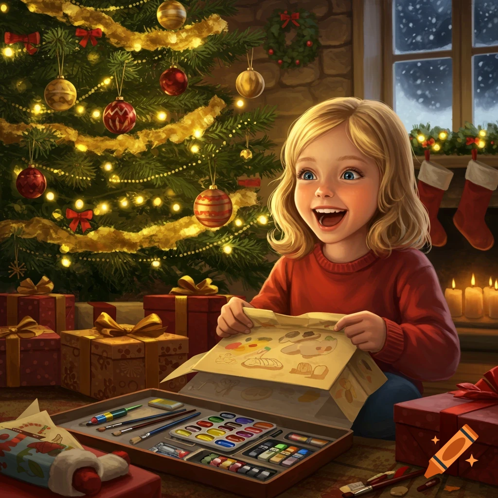 A joyful young girl with blonde hair opens an art kit by a brightly lit Christmas tree and fireplace, surrounded by presents.
