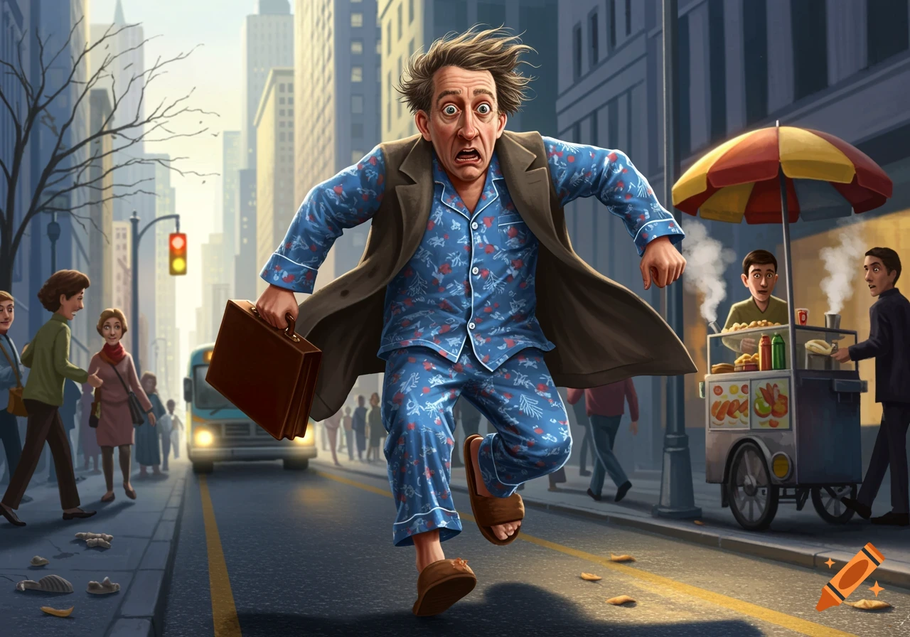 A frantic man in blue pajamas and a coat runs down a busy city street, holding a briefcase, with shoes scattered behind him.