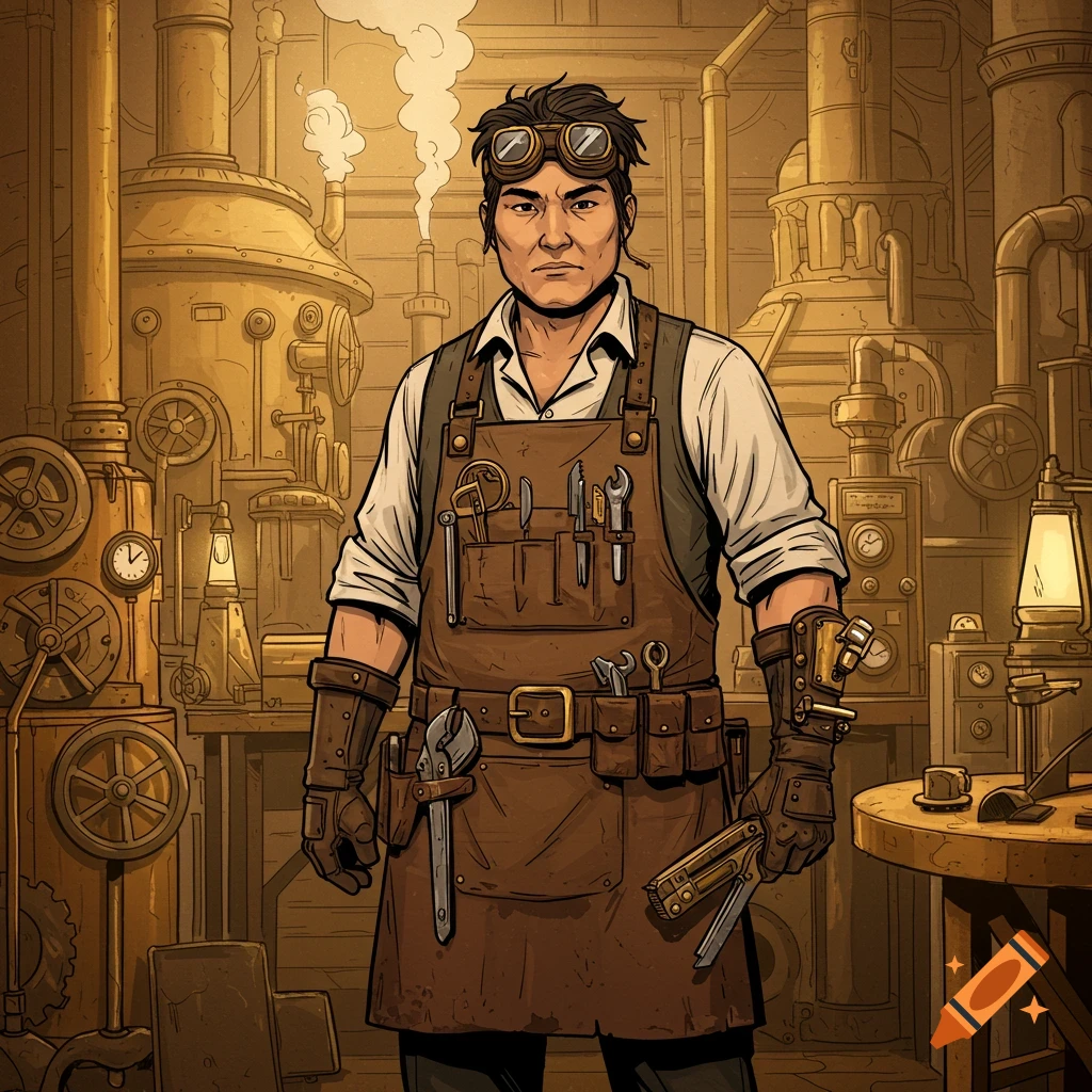 Comic style illustration of a male steampunk mechanic with goggles and tools in a workshop.