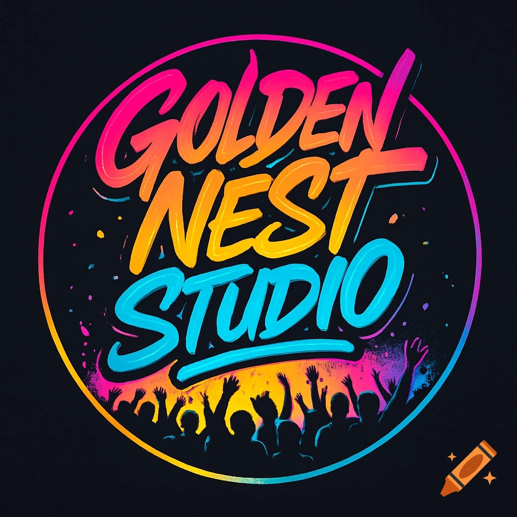 A vibrant neon circular logo for Golden Nest Studio with stylized text and silhouettes of a lively music crowd.