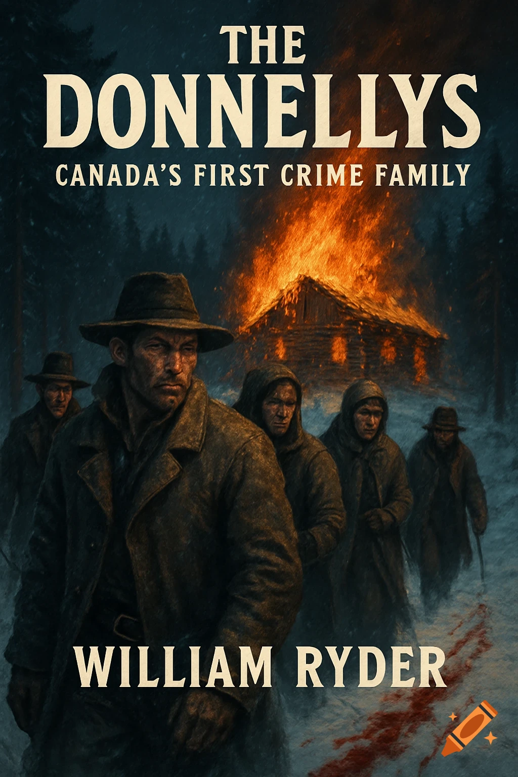 A dramatic book cover depicting a group of stern-faced men in winter coats standing in snowy woods with a burning log cabin and blood on the snow. The title reads "The Donnellys Canada's First Crime Family by William Ryder."