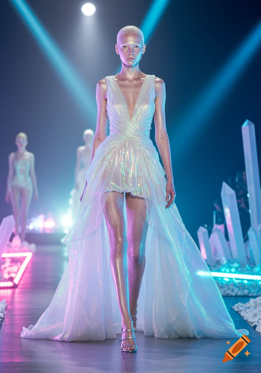 A shimmering fashion model in a white dress with a deep V-neck walks on a runway lit by blue and pink neon lights.