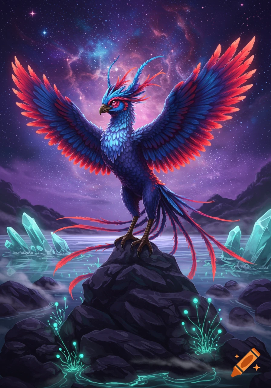 A vibrant blue and red phoenix stands on a rock with wings spread, overlooking glowing crystals and water under a cosmic purple nebula sky.