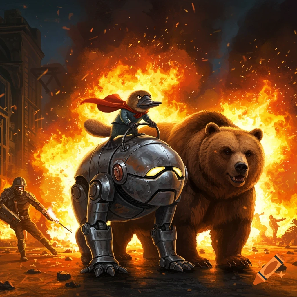 A heroic platypus in a red cape rides a metal robot alongside a grizzly bear in a burning city with explosions and a soldier.