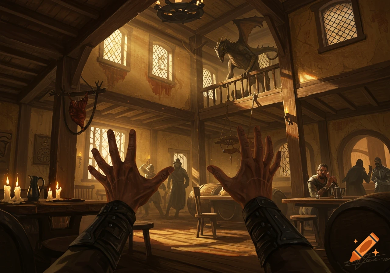 First-person view of hands reaching up in a dimly lit, crowded tavern with a dragon perched on a balcony.