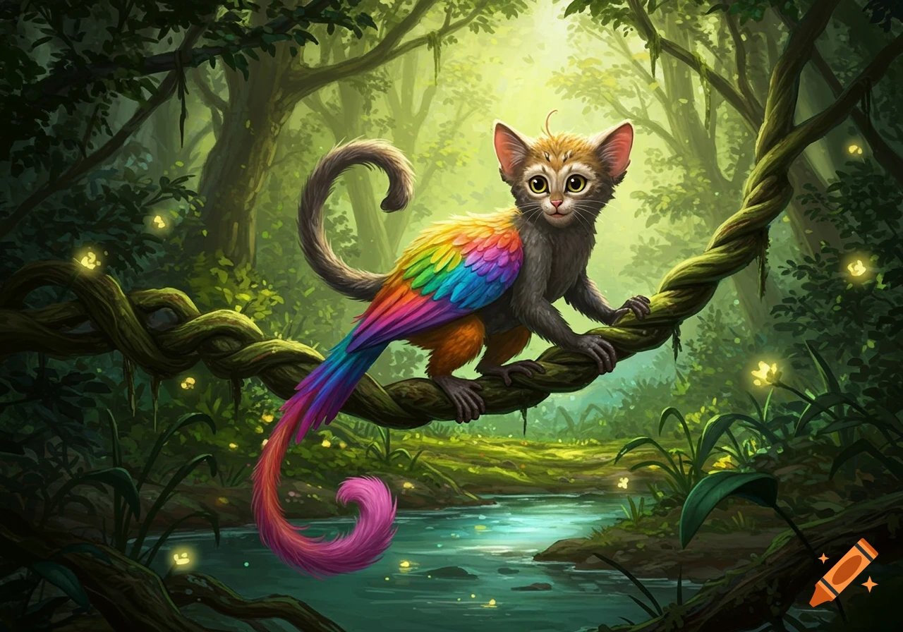 A fantasy creature with a cat head, monkey body, and rainbow bird wings and tail perched on a vine in a lush jungle with a river.