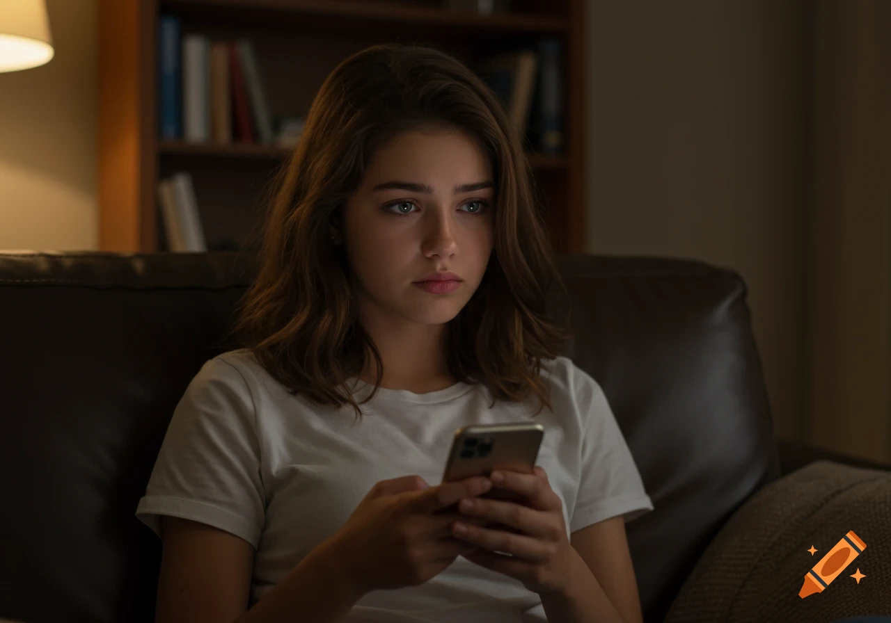 A girl with chestnut hair and seafoam green eyes sits on a leather couch, looking worried at her phone in a dimly lit room.