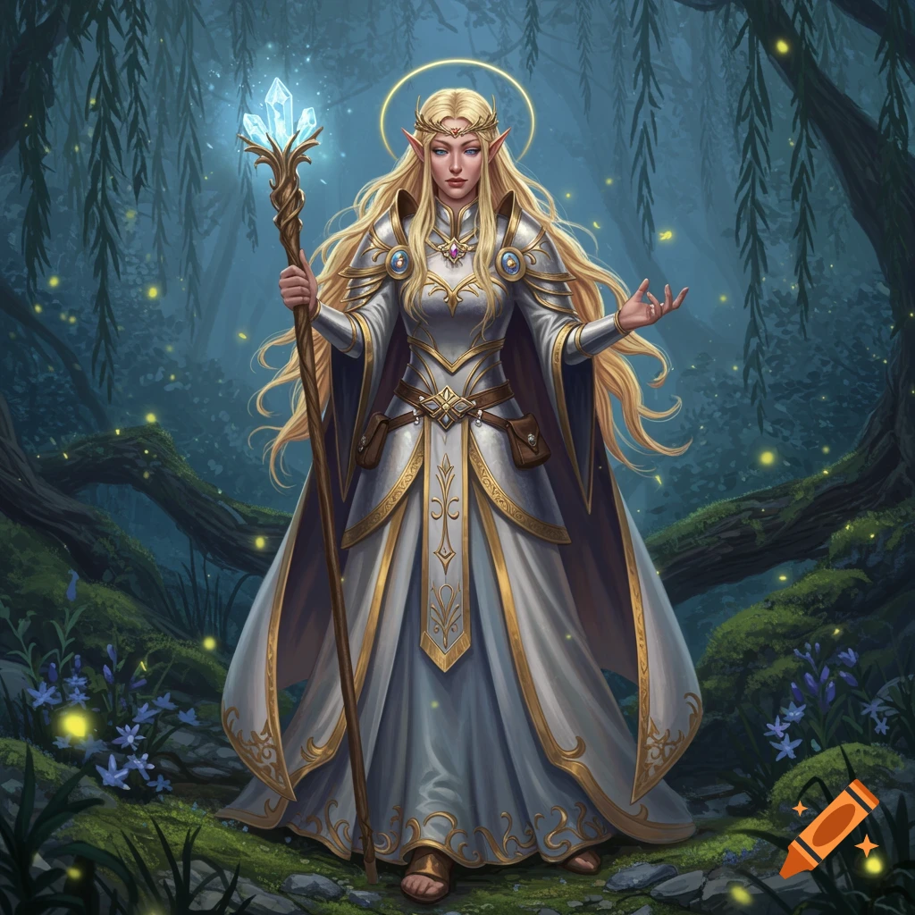 A blonde female elf cleric in ornate armor and robes, holding a glowing staff in a magical forest.