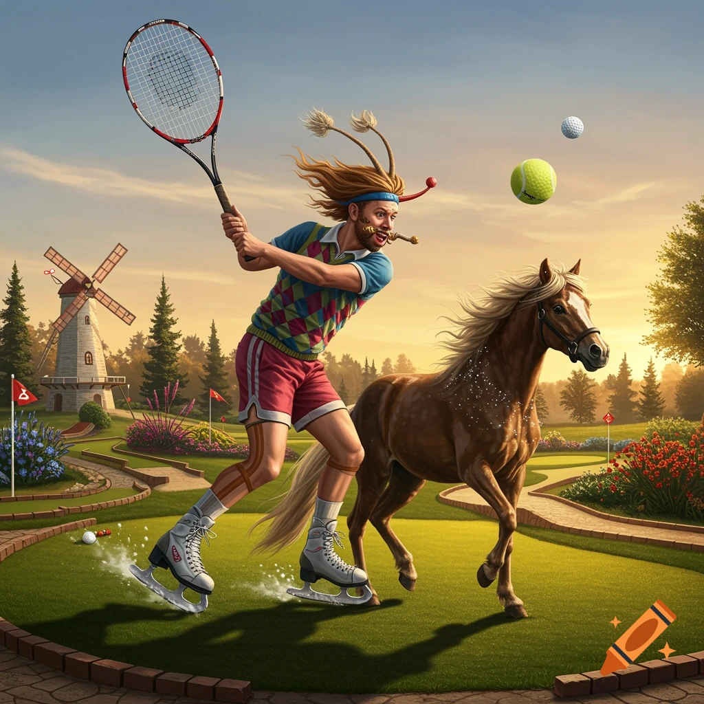 A man on ice skates, with a tennis racket, on a golf course with a horse next to him. A windmill is in the background.