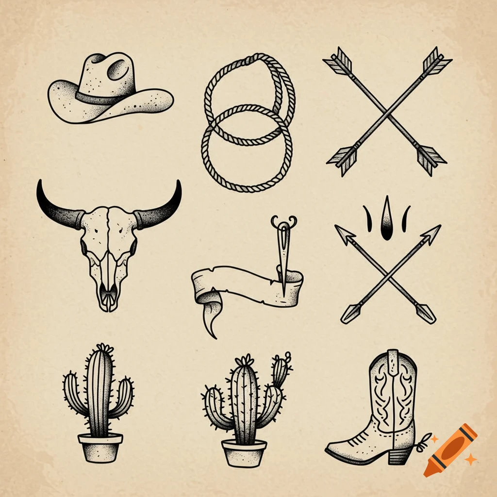 A collection of western-themed tattoo flash illustrations including a cowboy hat, bull skull, cacti, ropes, arrows, and a boot on a textured background.