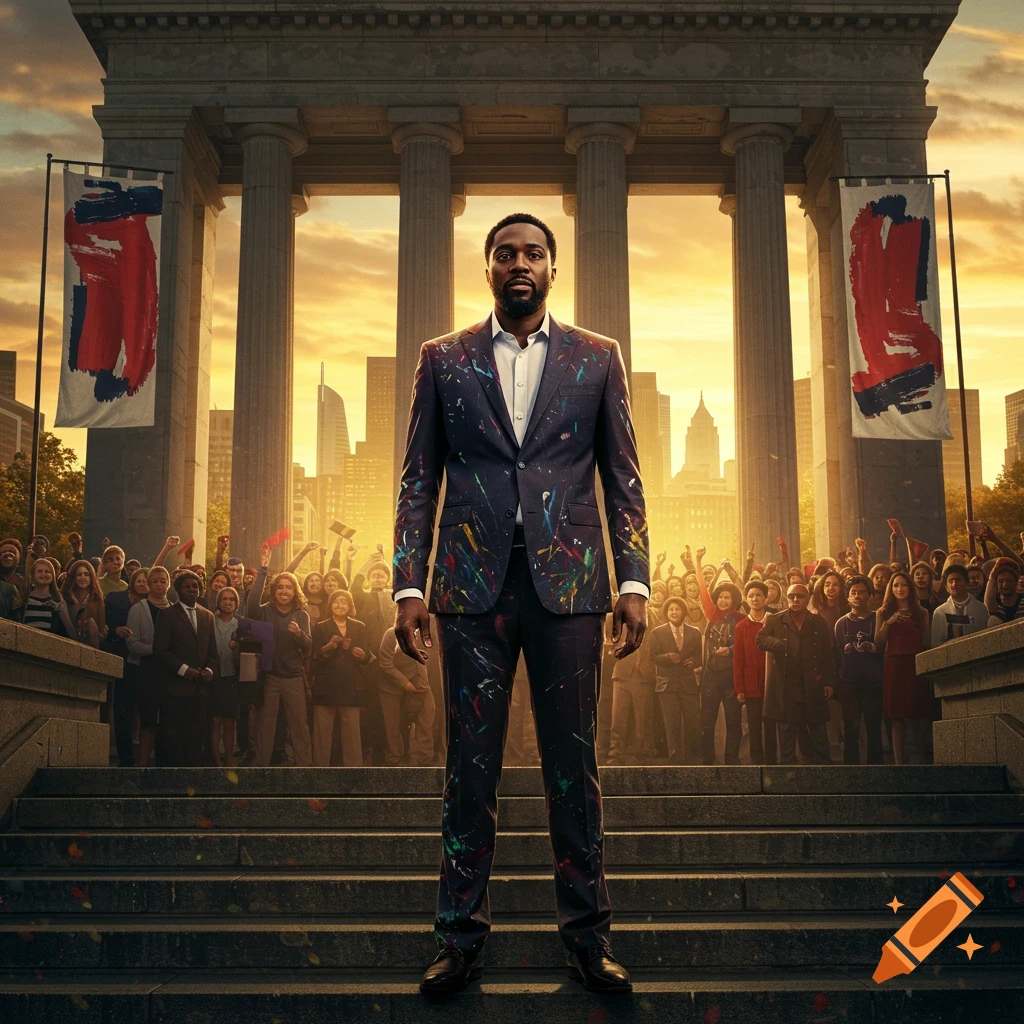 A Black man in a paint-splattered suit stands on steps before a classical building, a crowd, and a city skyline.