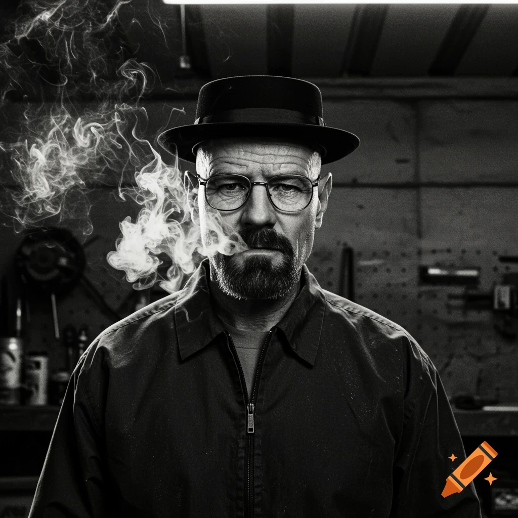 Black and white cinematic portrait of Walter White in a fedora and glasses, smoking, with a workshop in the background.