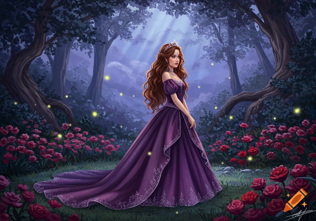 An illustrated anime princess with long brown hair in a flowing purple gown stands in an enchanting forest with red roses and glowing fireflies.