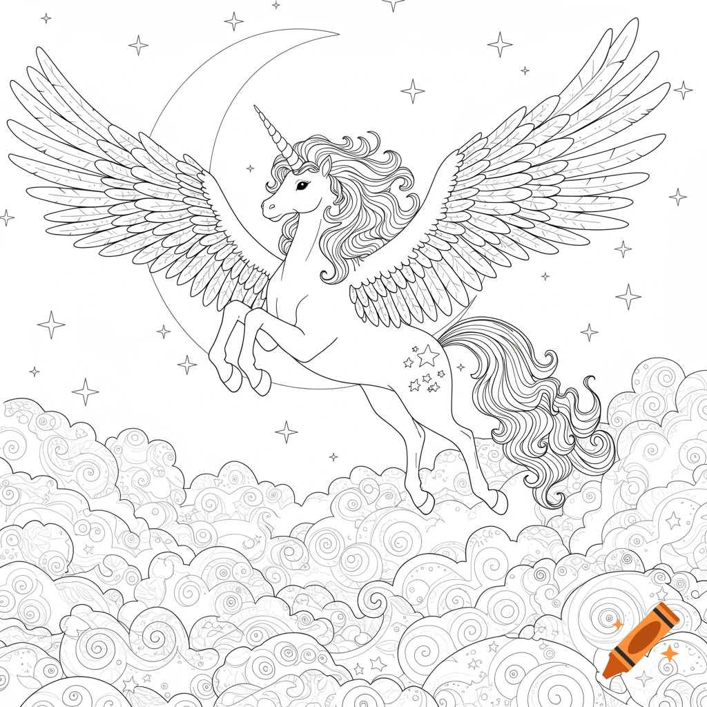 Black and white line art of a winged unicorn flying towards a crescent moon over clouds, with stars in a coloring book style.