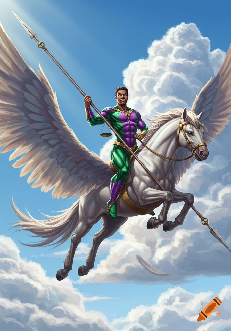 A male superhero in a green and purple suit, holding a spear, rides a white winged horse through a blue sky with clouds.