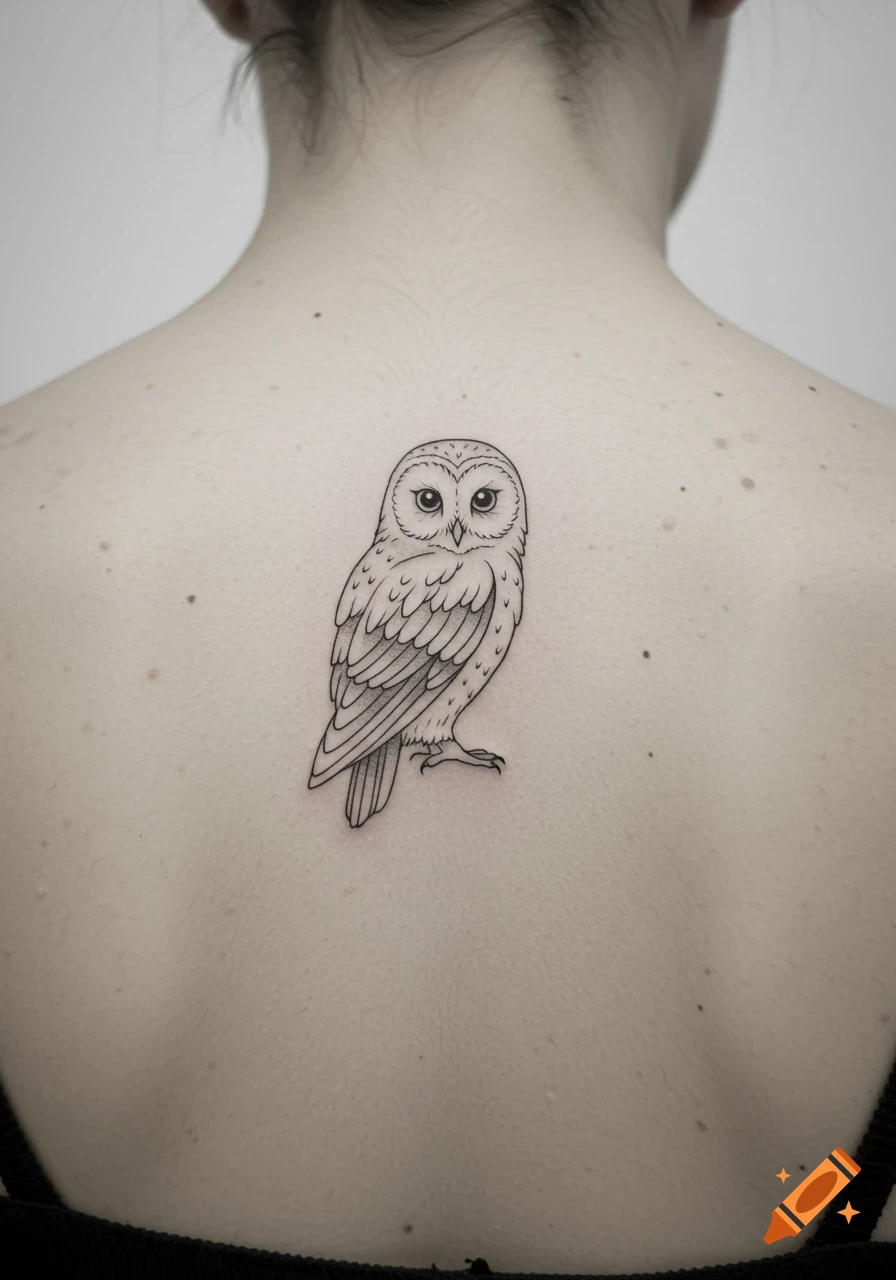 A black and white fineline owl tattoo on a person's upper back.