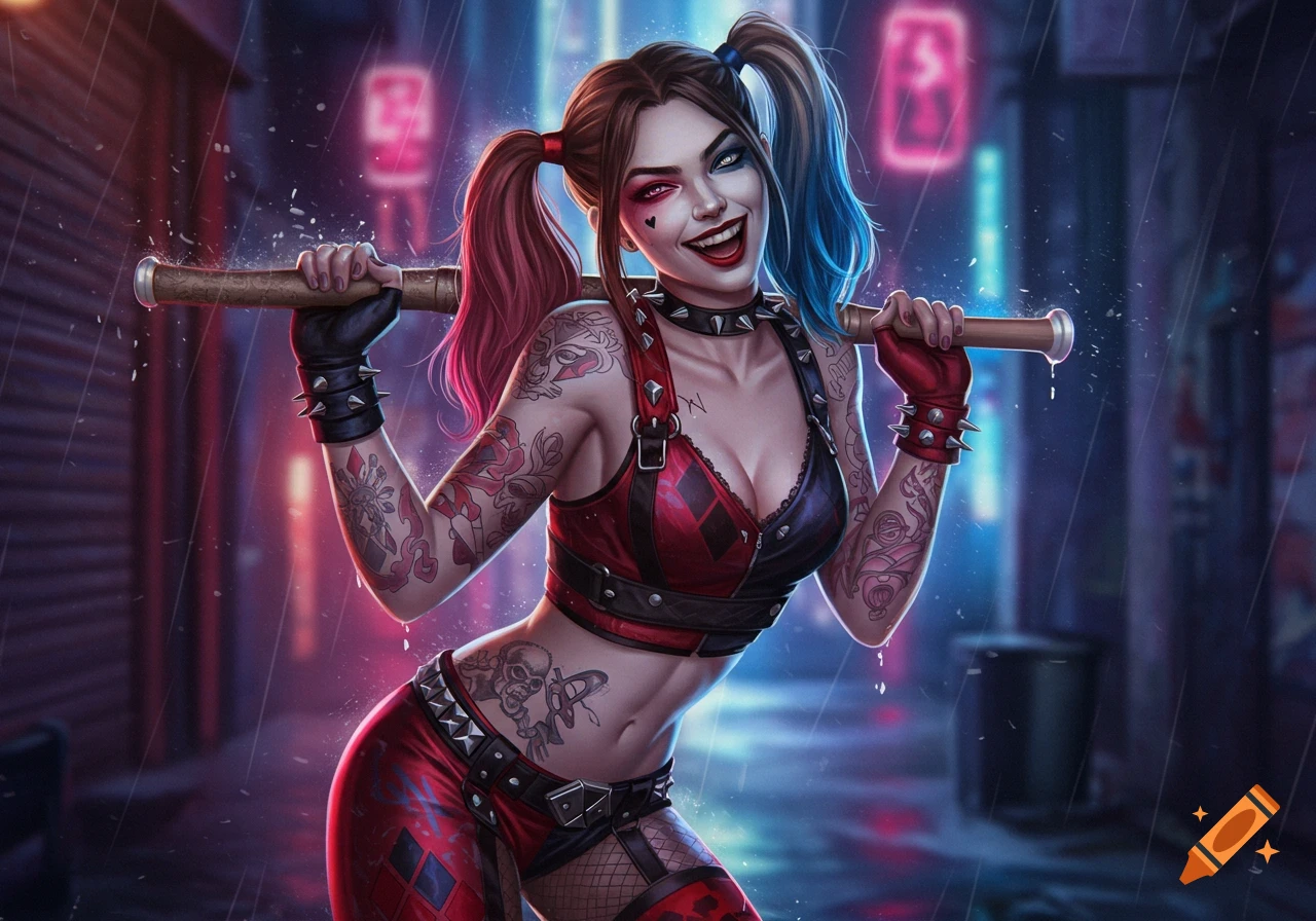 A smiling Harley Quinn, with half red and half blue pigtails and a tattooed body, holds a baseball bat over her shoulders in a rainy, neon-lit alley.