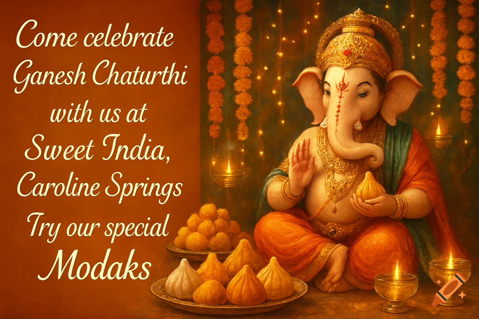 An illustration for Ganesh Chaturthi with Lord Ganesha on the right, surrounded by marigold garlands and diyas. Text on the left invites viewers to Sweet India to celebrate and try special Modaks.