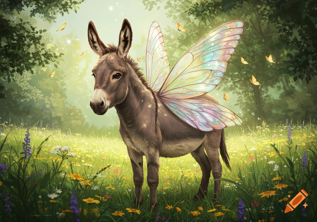 A donkey with colorful butterfly wings stands in a sunlit meadow among wildflowers and flying butterflies.