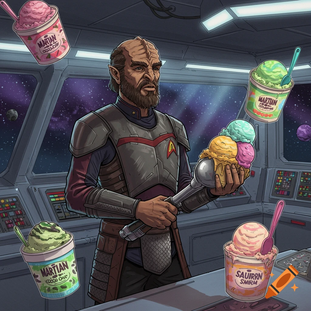 An illustration of a Star Trek Klingon in a spaceship, holding an ice cream scoop with three scoops of ice cream. Several ice cream tubs float around him.