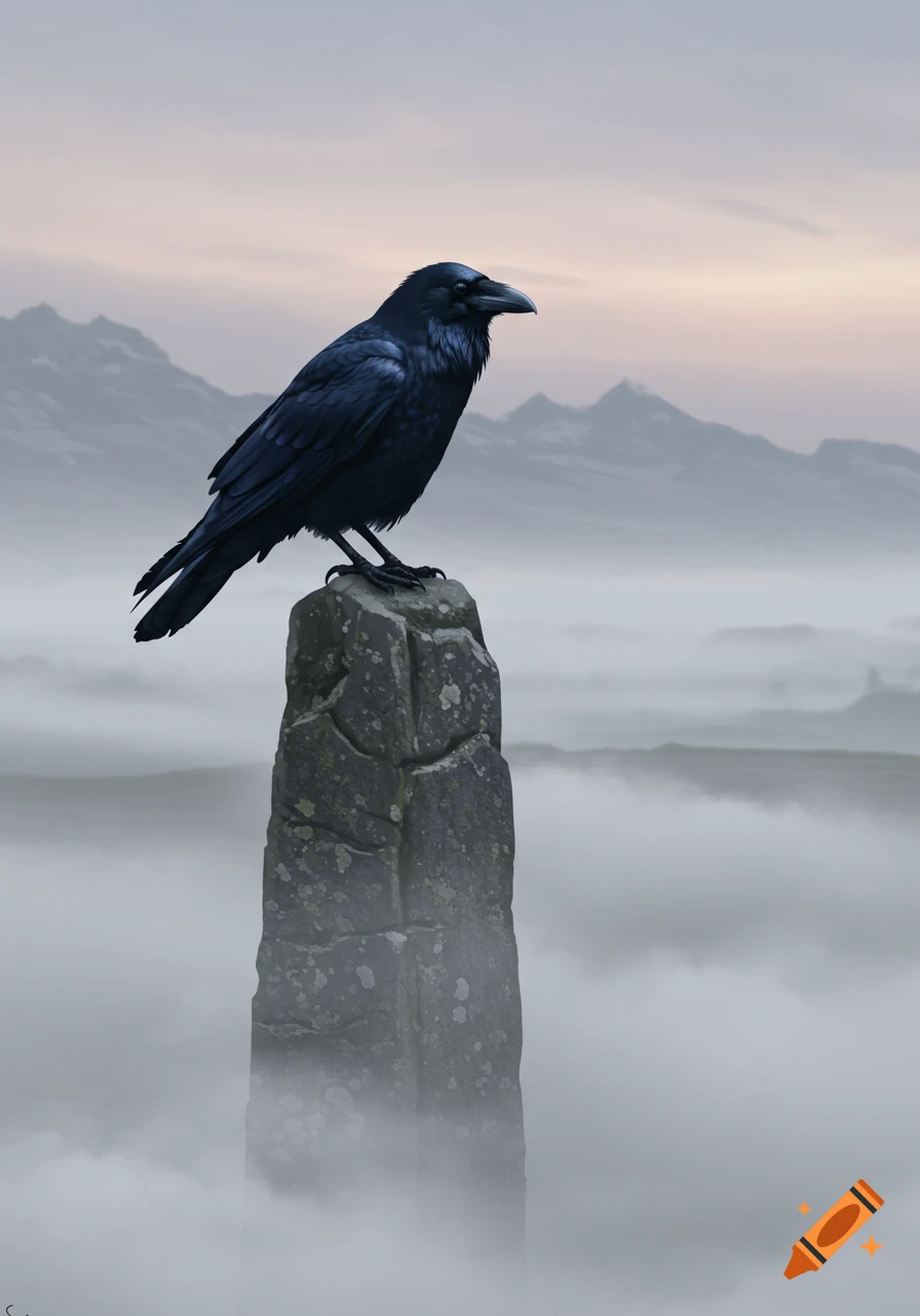 A black raven perches atop a tall stone pillar, looking over a misty, mountainous landscape at twilight.