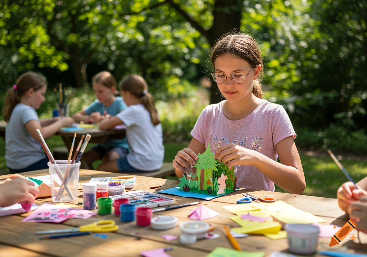 A girl with glasses makes paper crafts at a wooden table outdoors, with other children blurred in the background, surrounded by art supplies.
