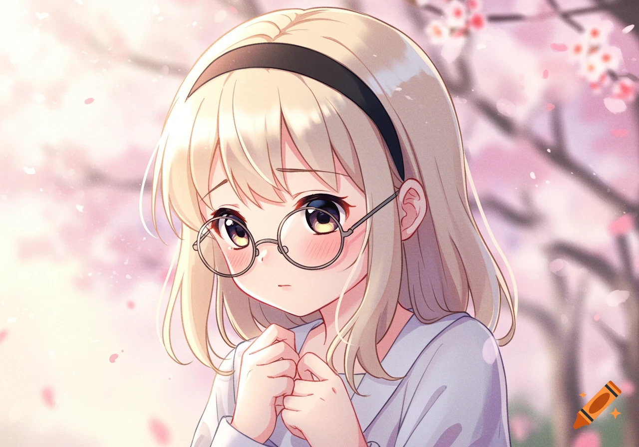 An anime girl with blonde hair, circular glasses, and a black headband looks shyly at the viewer amidst a background of pink cherry blossoms.
