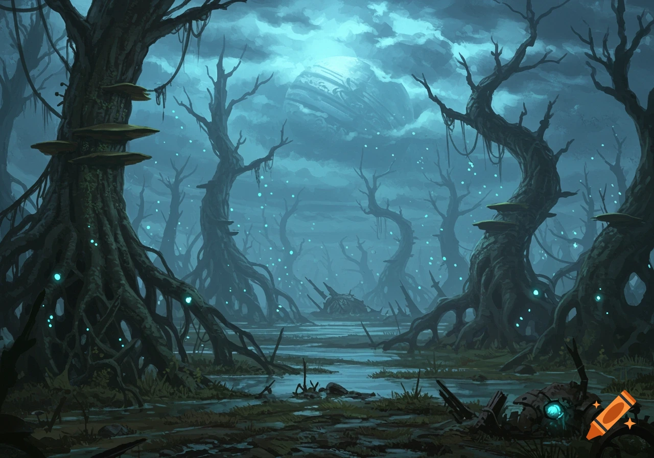 A dark, moody alien swamp with gnarled trees, glowing blue lights, and a large planet in the misty sky.