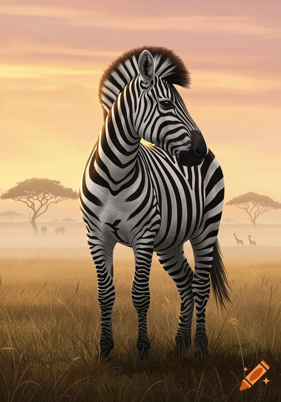 A zebra stands in a savanna field at sunrise or sunset, with distant acacia trees and other animals.