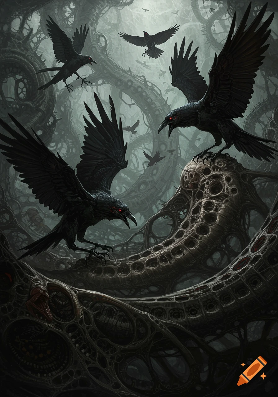 A murder of black crows with glowing red eyes amidst a dark, eerie, organic biomechanical landscape in H.R. Giger style.