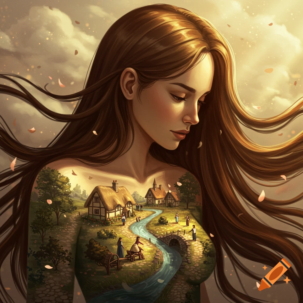 Digital painting of a woman with long brown hair looking at a miniature fantasy village within her body.