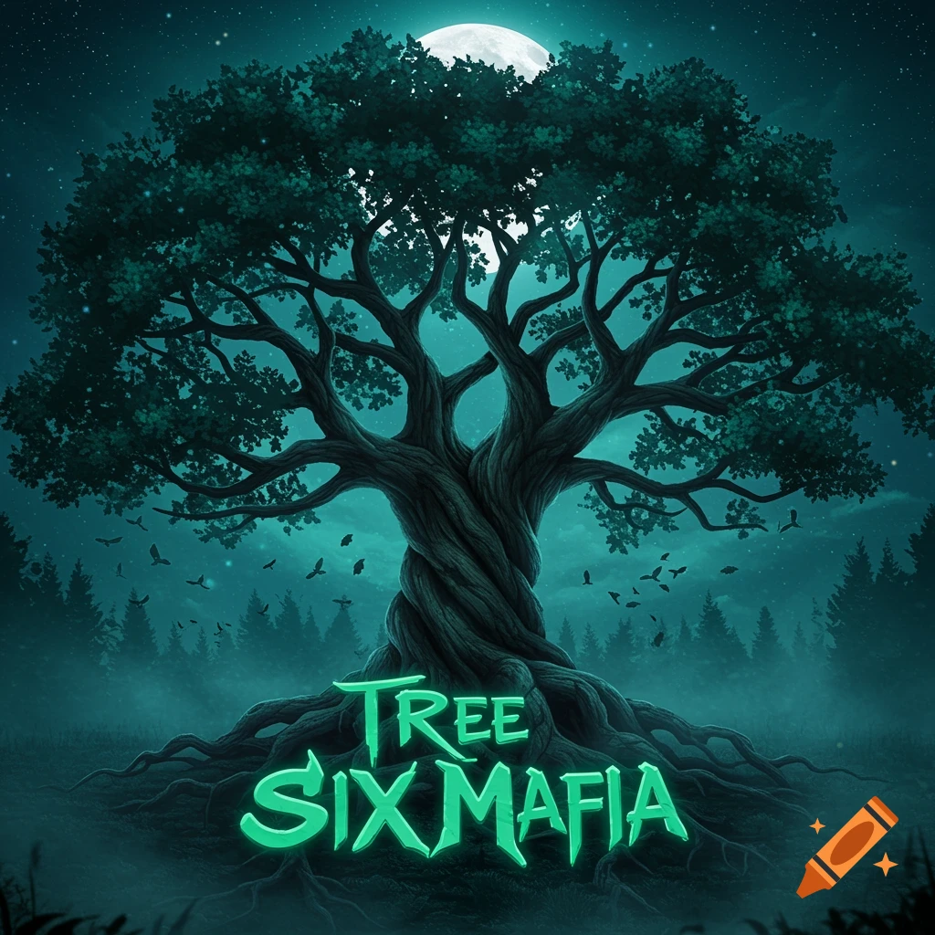 A mystical gnarled tree with glowing green text "TREE SIX MAFIA" at its base, under a full moon and starry night sky in a dark forest.