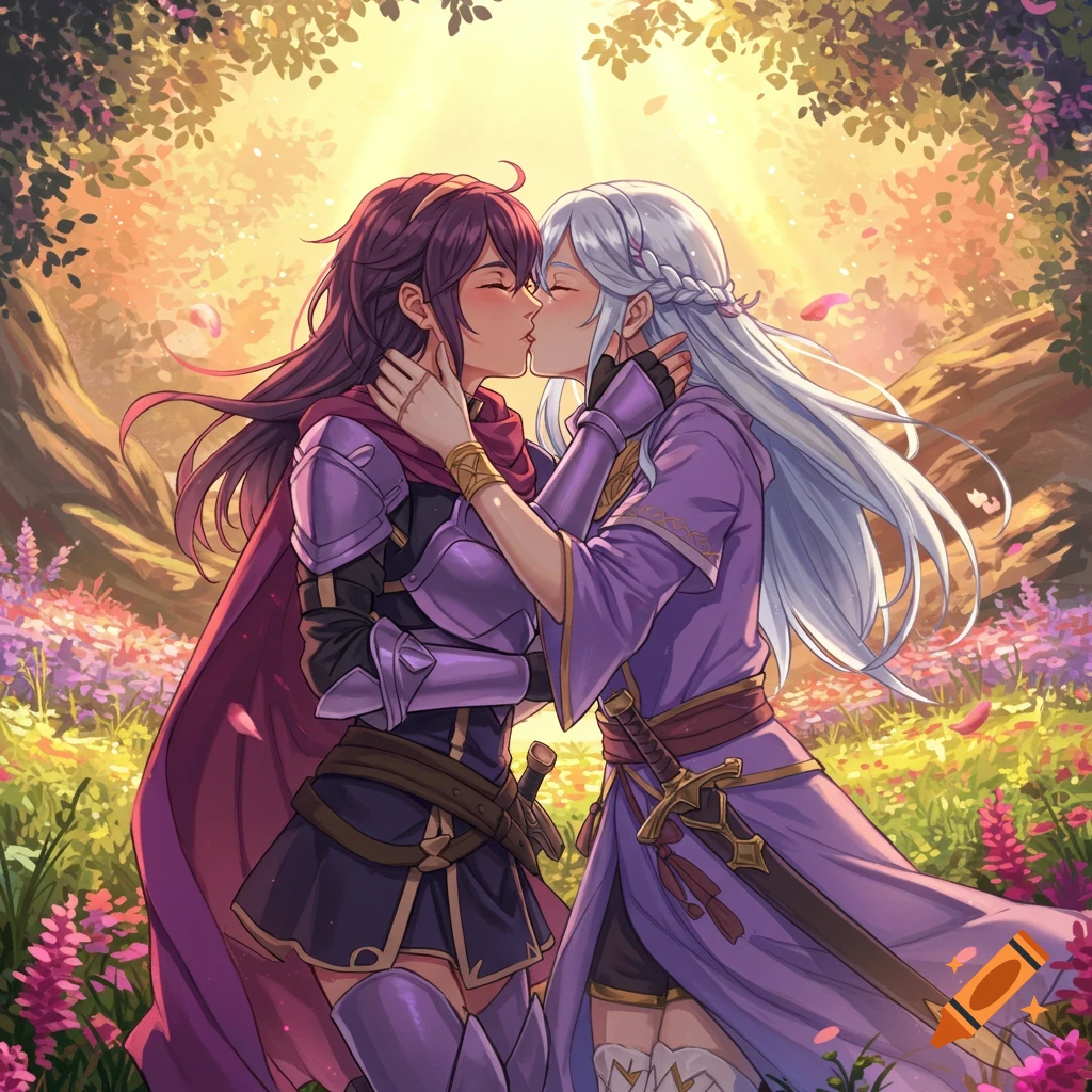 Two anime-style women in fantasy attire kissing in a sunlit forest with purple flowers.
