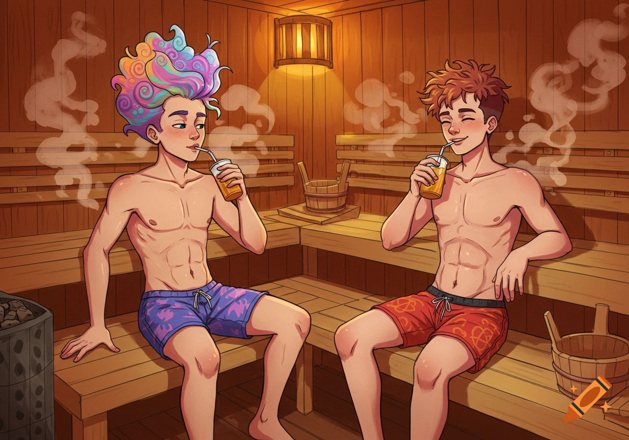 Two cartoon teenage boys in swim trunks drinking in a wooden sauna with steam.