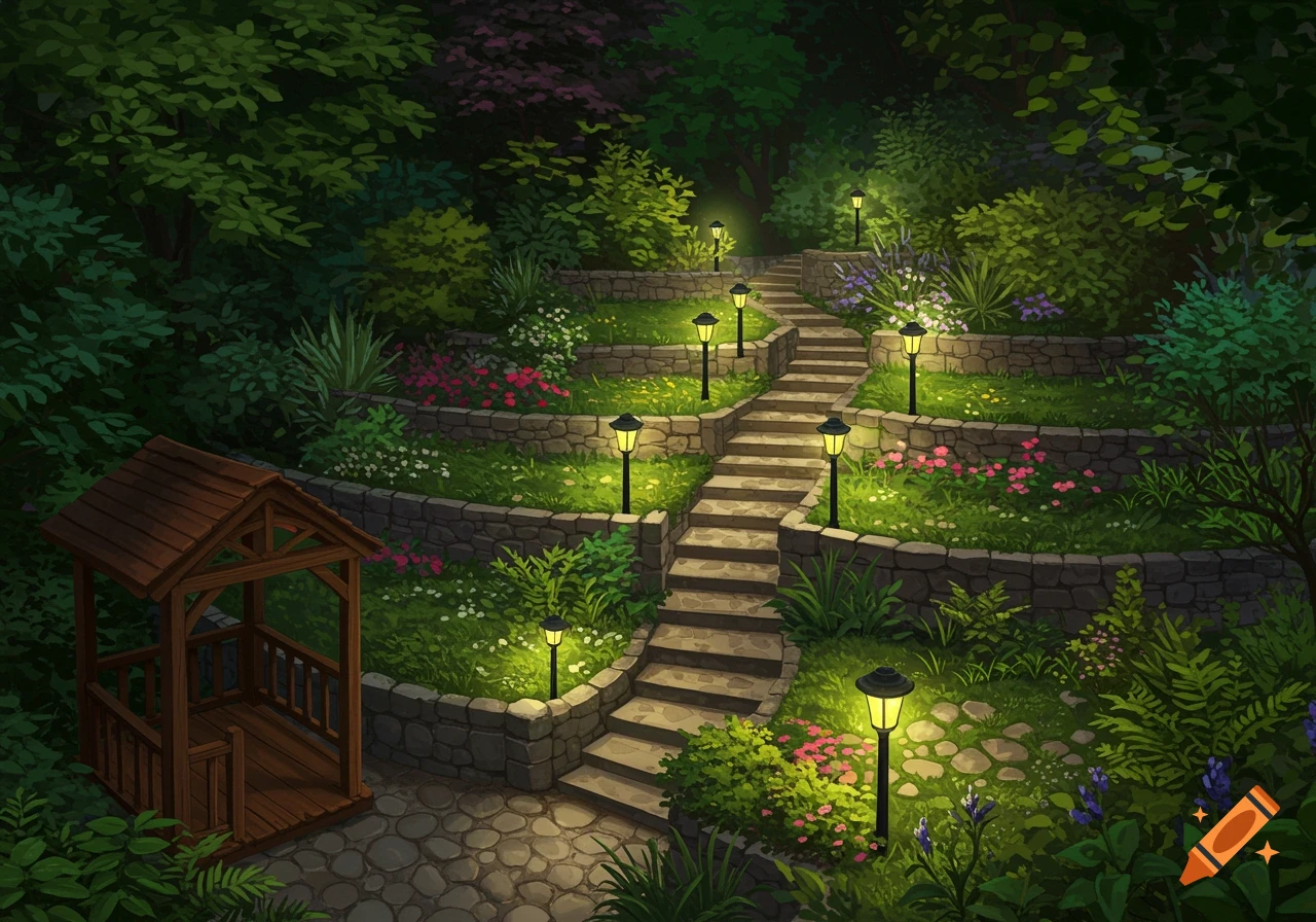 A tiered garden with stone steps, a wooden gazebo, and numerous glowing path lights creating a cozy evening atmosphere.