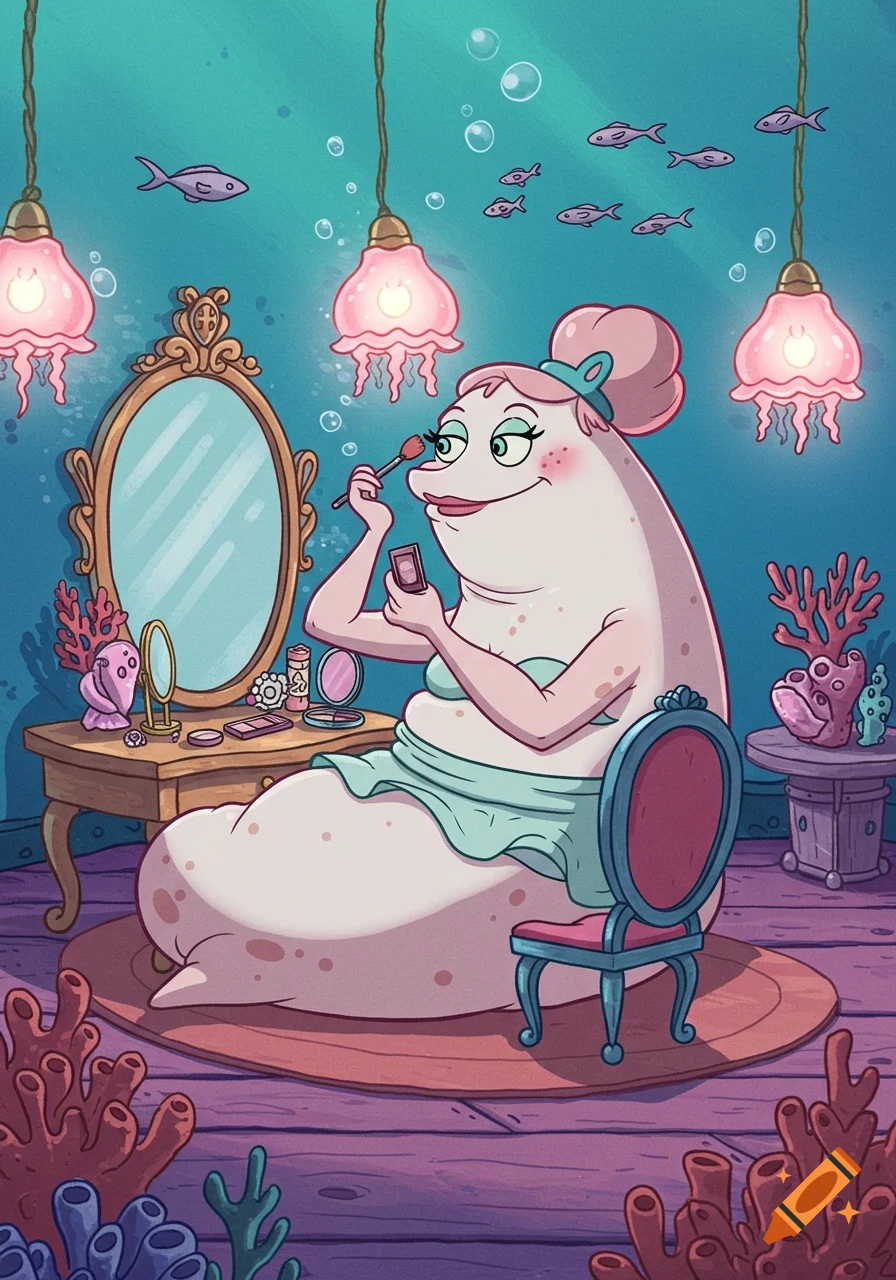 A cartoon whale-like creature applies makeup at an ornate vanity in an underwater room with jellyfish lamps, coral, and fish.