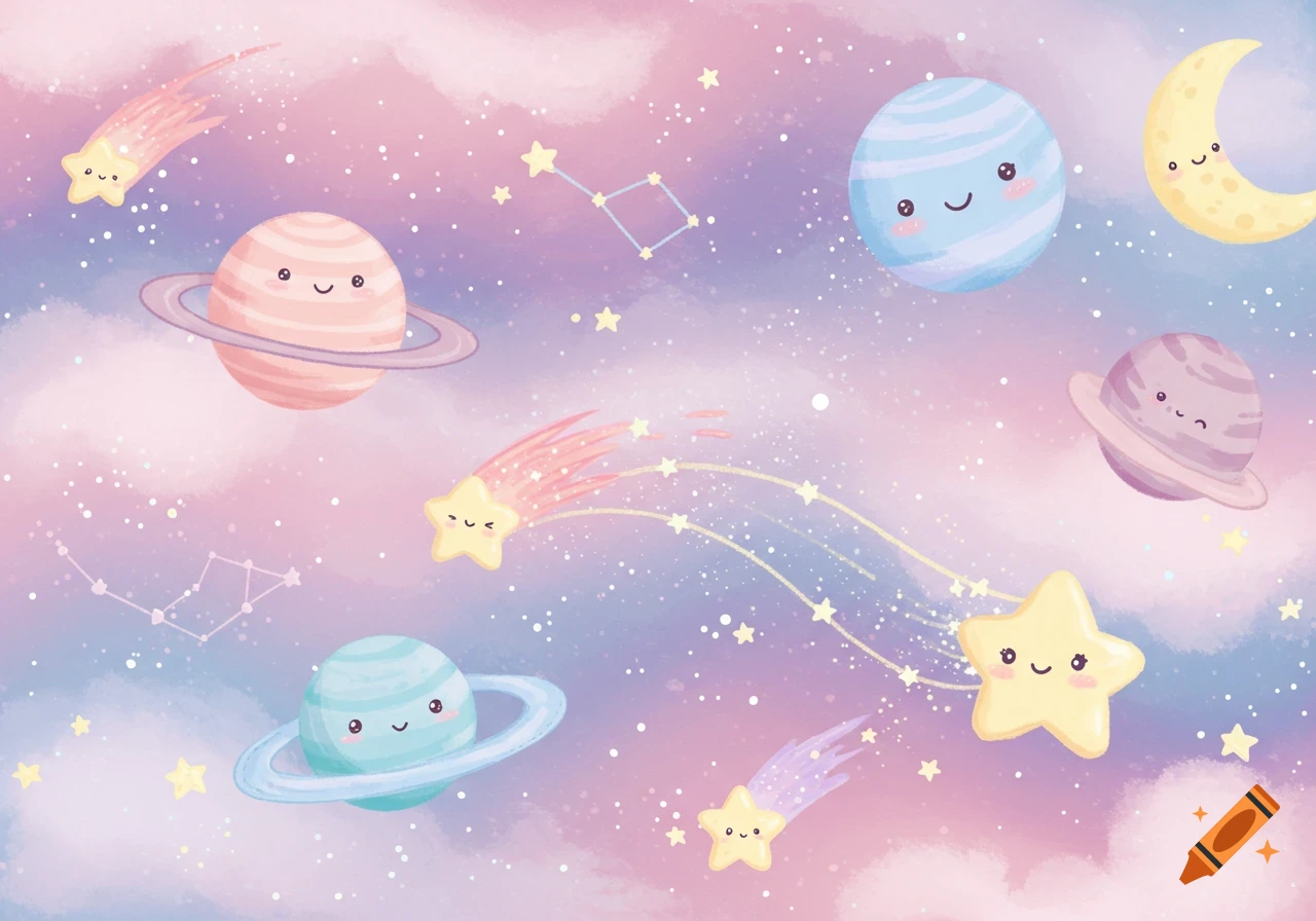 Cute cartoon planets, stars, and moon with smiling faces in a pastel pink and blue watercolor galaxy background.