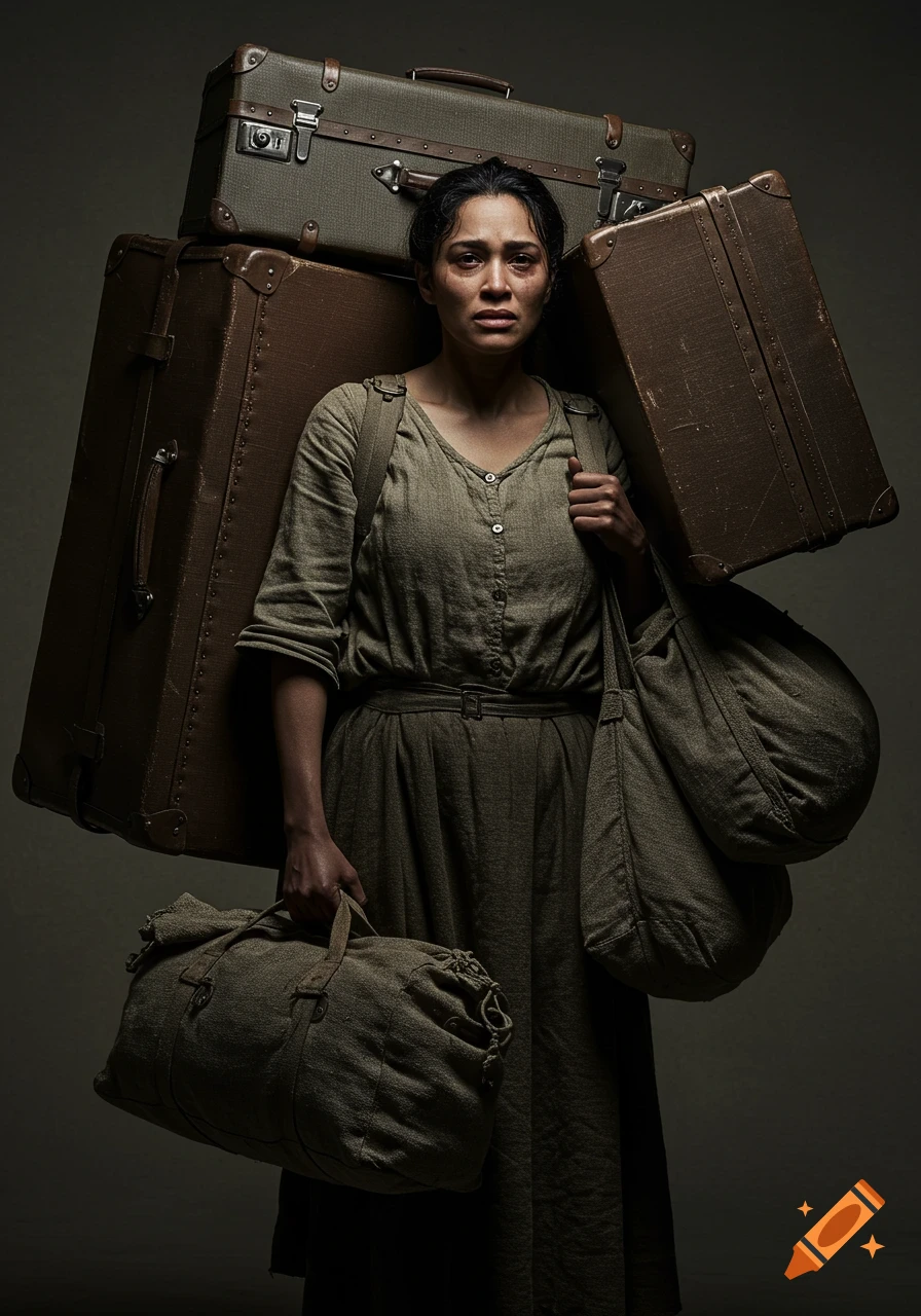 A weary woman hunched under the weight of several large, stacked suitcases and heavy bags, looking distressed in a dramatic, photorealistic style.