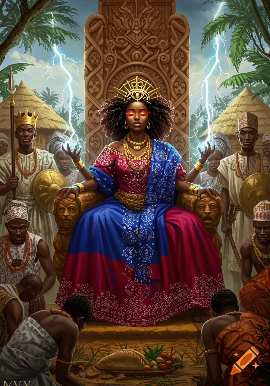 A powerful Black goddess with glowing red eyes and lightning sits on an ornate throne in a vibrant village, surrounded by villagers.