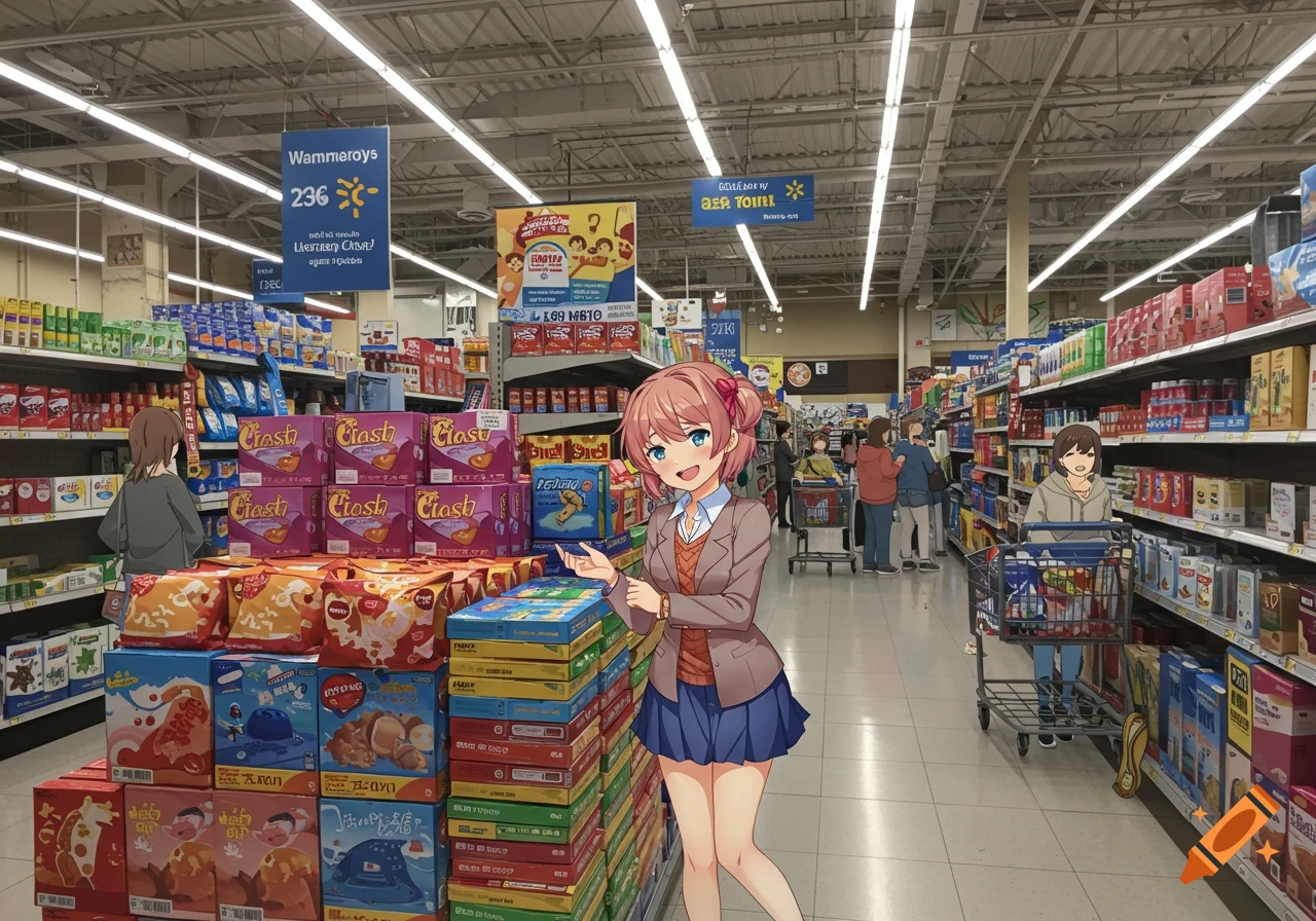 An anime girl with pink hair and a school uniform stands in a Walmart aisle, pointing towards stacked products. Other anime-style people shop in the background.
