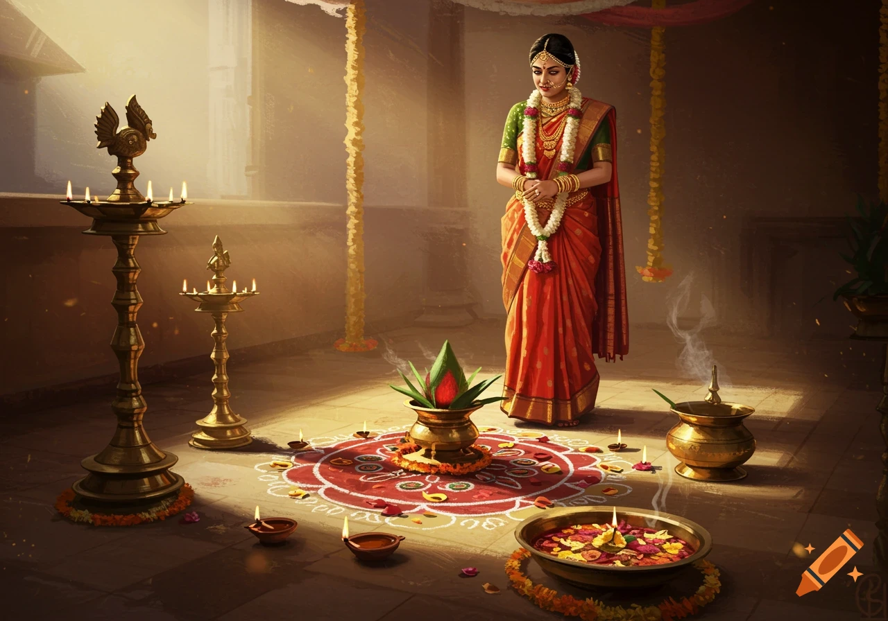 A South Indian bride in a traditional saree stands amidst lamps, flowers, and rangoli during a pre-wedding ceremony.