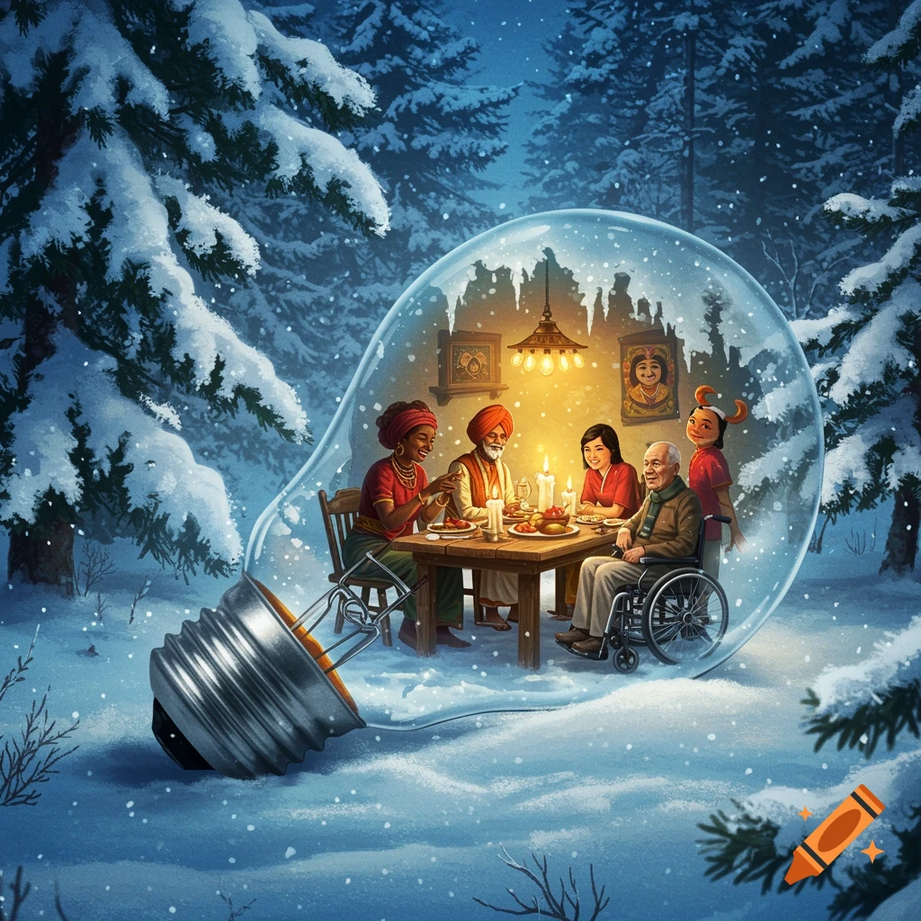 A diverse family enjoys a candlelit feast inside a giant lightbulb nestled in a snowy forest.